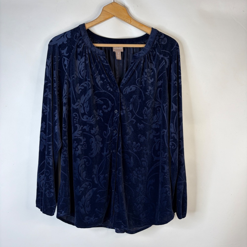 Chico's Button Down Top Womens Size 3 Navy Blue Burnout Velvet Floral Damask